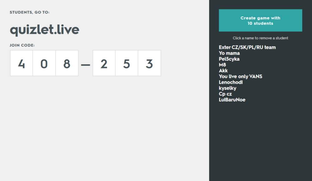 Quizlet - kód pro vstup do hry
