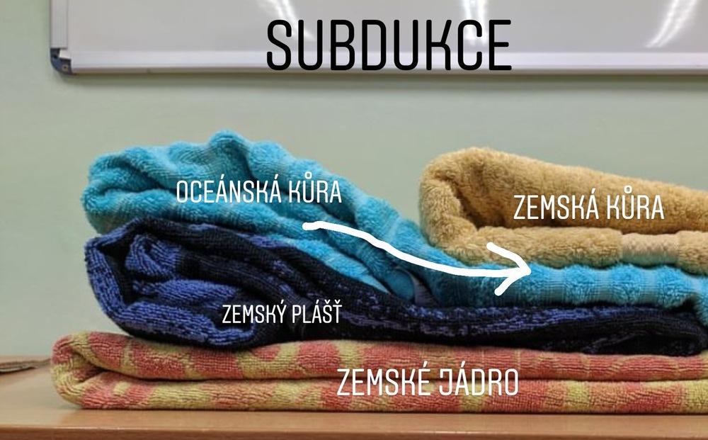 model subdukce pomocí ručníků