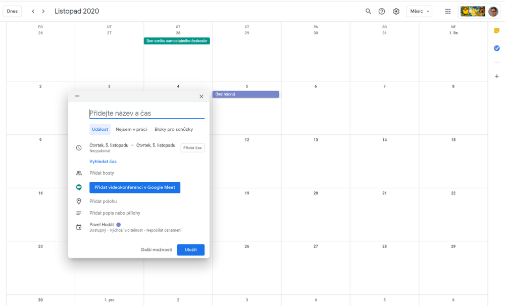 Google Meet v události v Kalendáři
