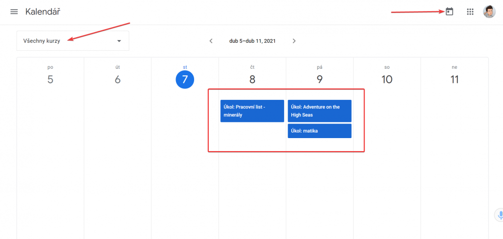 Kalendář s úkoly Google Classroom